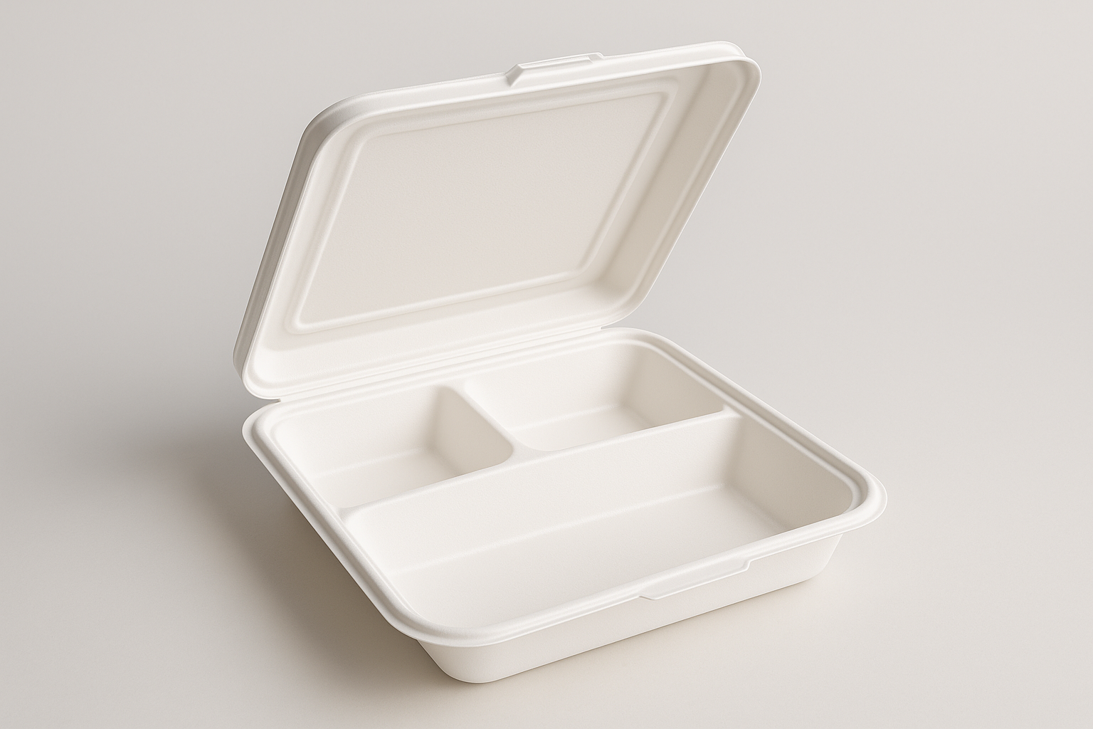 9X9 WIOTH 3 COMPARTMENT white plastic container half open 