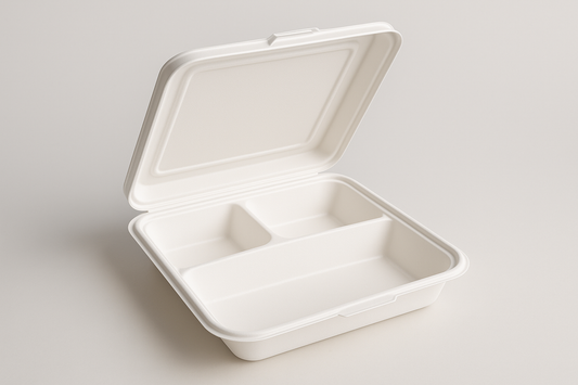 9X9 WIOTH 3 COMPARTMENT white plastic container half open 